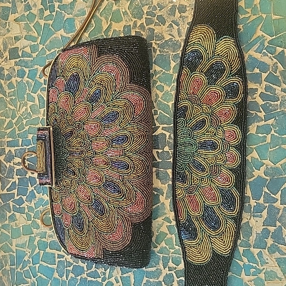 Vintage peacock beaded clutch / purse and beaded belt